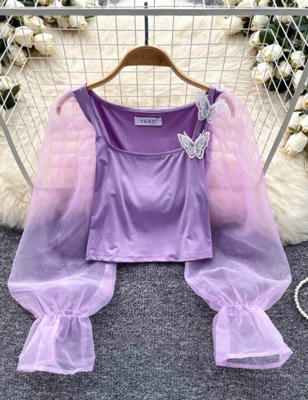 Lantern sleeve bow gauze shirt tender light luxury tops