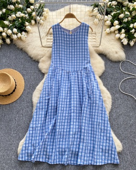 Sweet A-line long dress plaid round neck dress for women