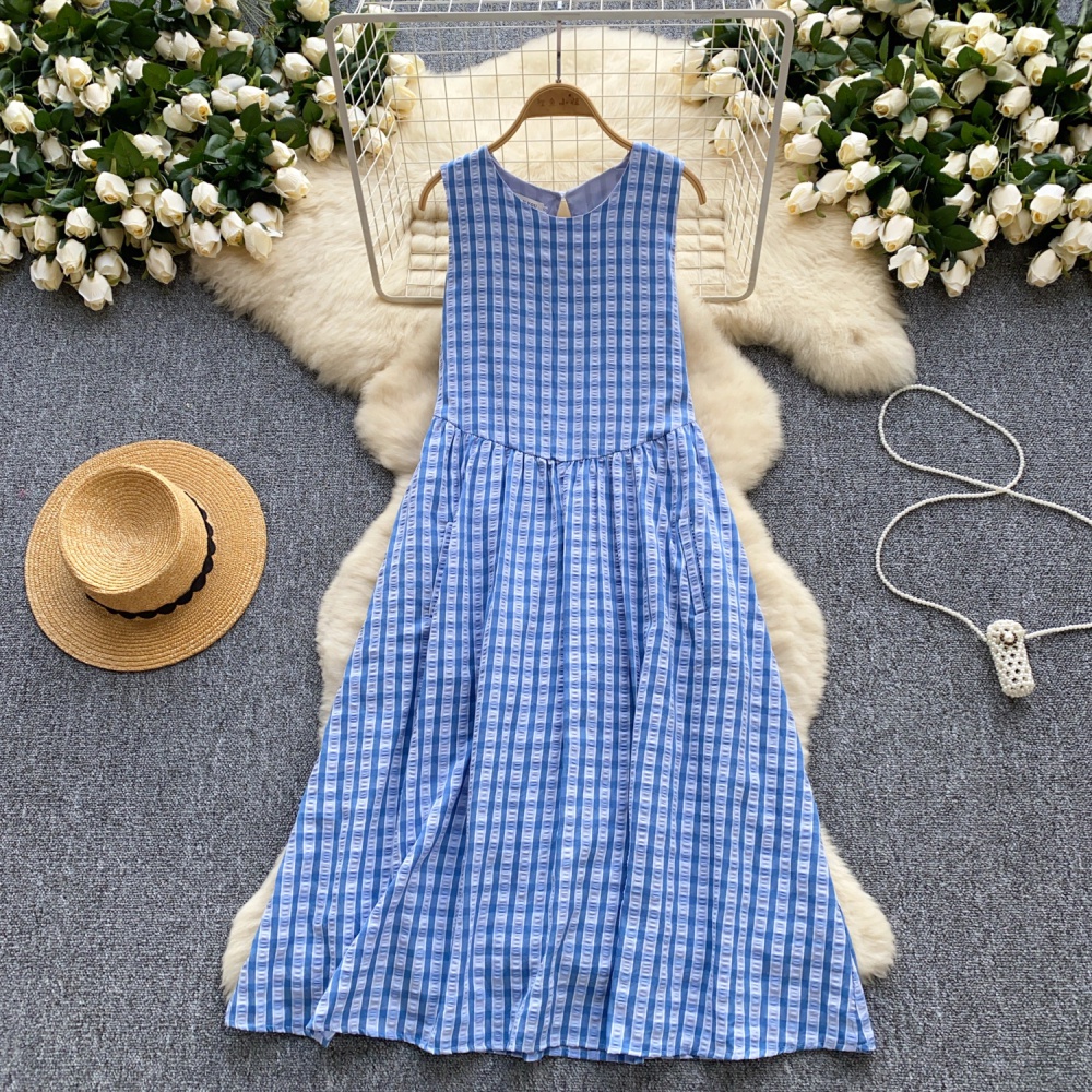 Sweet A-line long dress plaid round neck dress for women