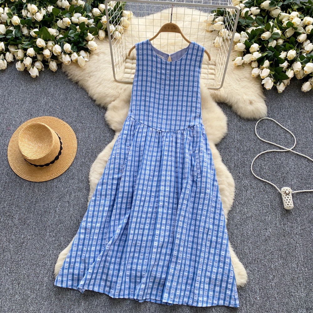 Sweet A-line long dress plaid round neck dress for women