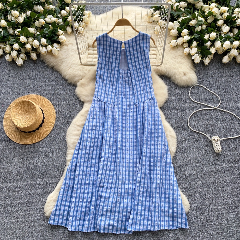 Sweet A-line long dress plaid round neck dress for women