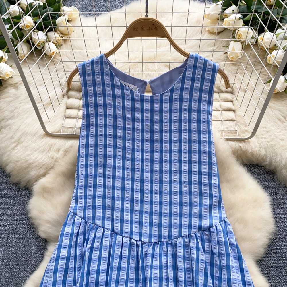 Sweet A-line long dress plaid round neck dress for women