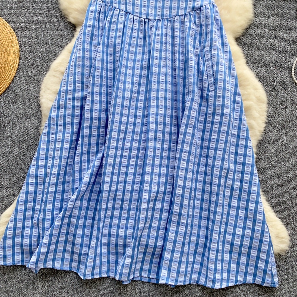 Sweet A-line long dress plaid round neck dress for women