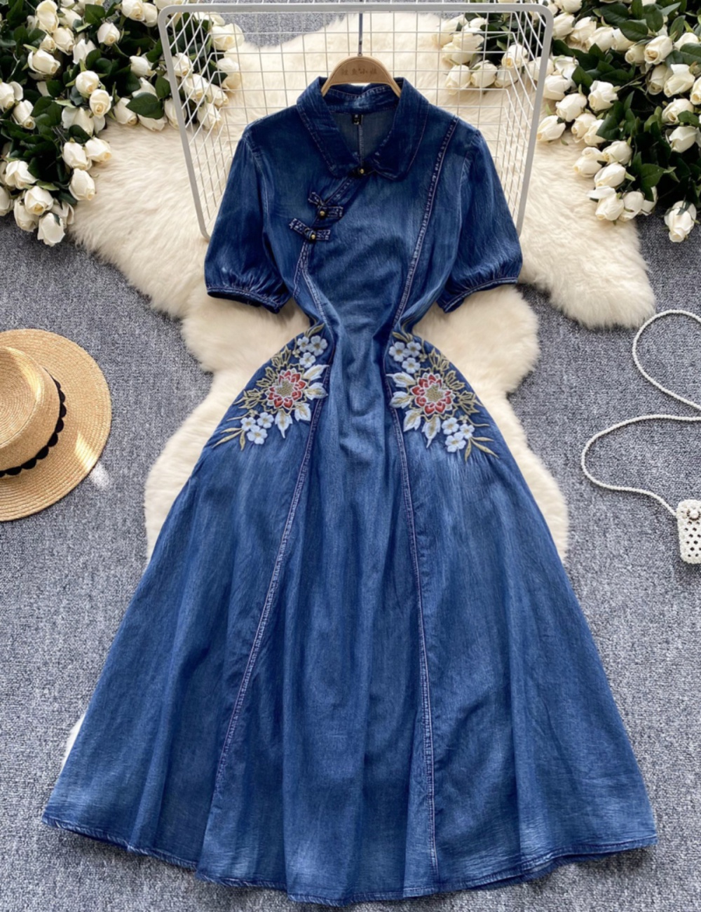 Chinese style dress puff sleeve long dress