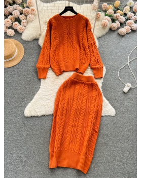 Knitted colors tops thick winter sweater 2pcs set for women