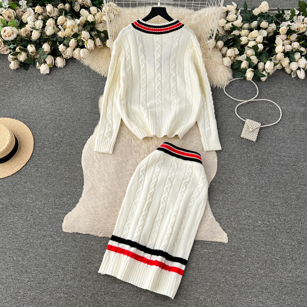 Fashion unique Casual tops twist high waist sweater 2pcs set