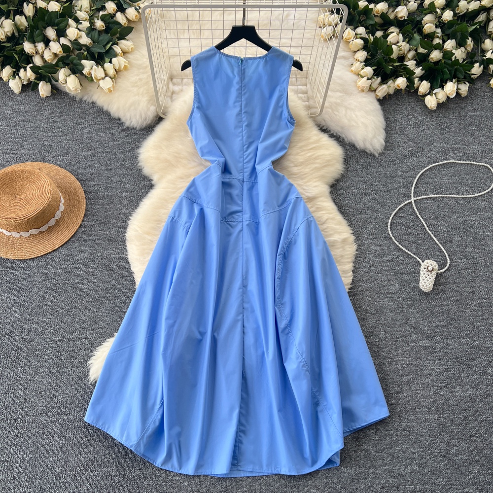 Sleeveless long dress pinched waist dress for women