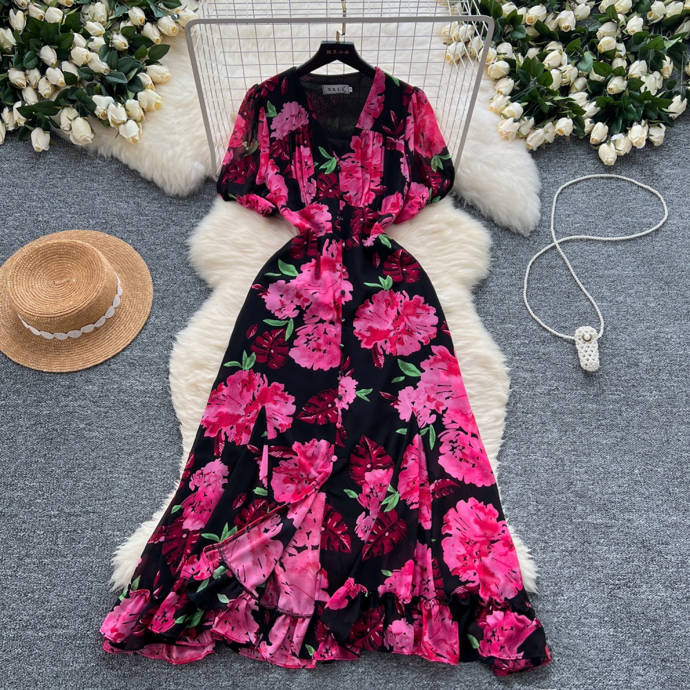 V-neck retro slim long dress single-breasted printing dress