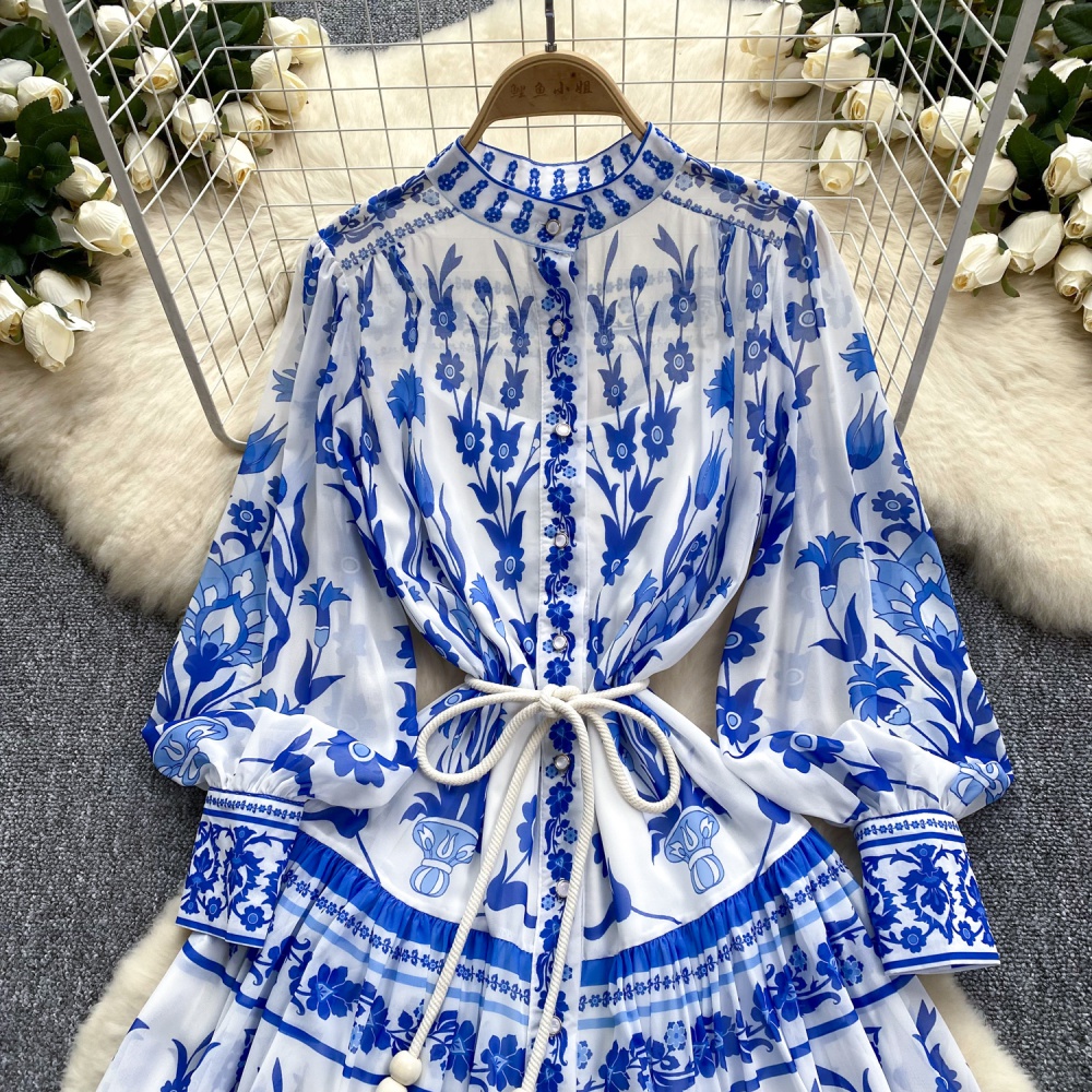 Sling printing dress long sleeve long dress for women