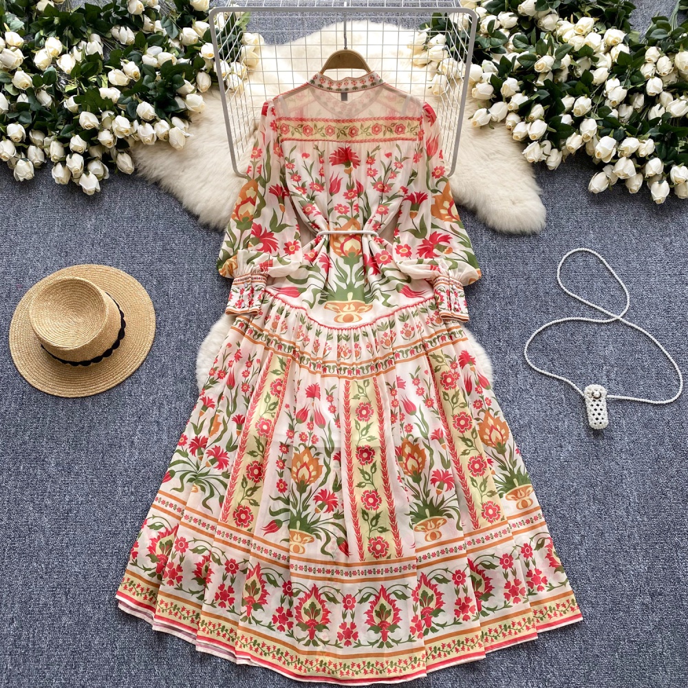 Sling printing dress long sleeve long dress for women