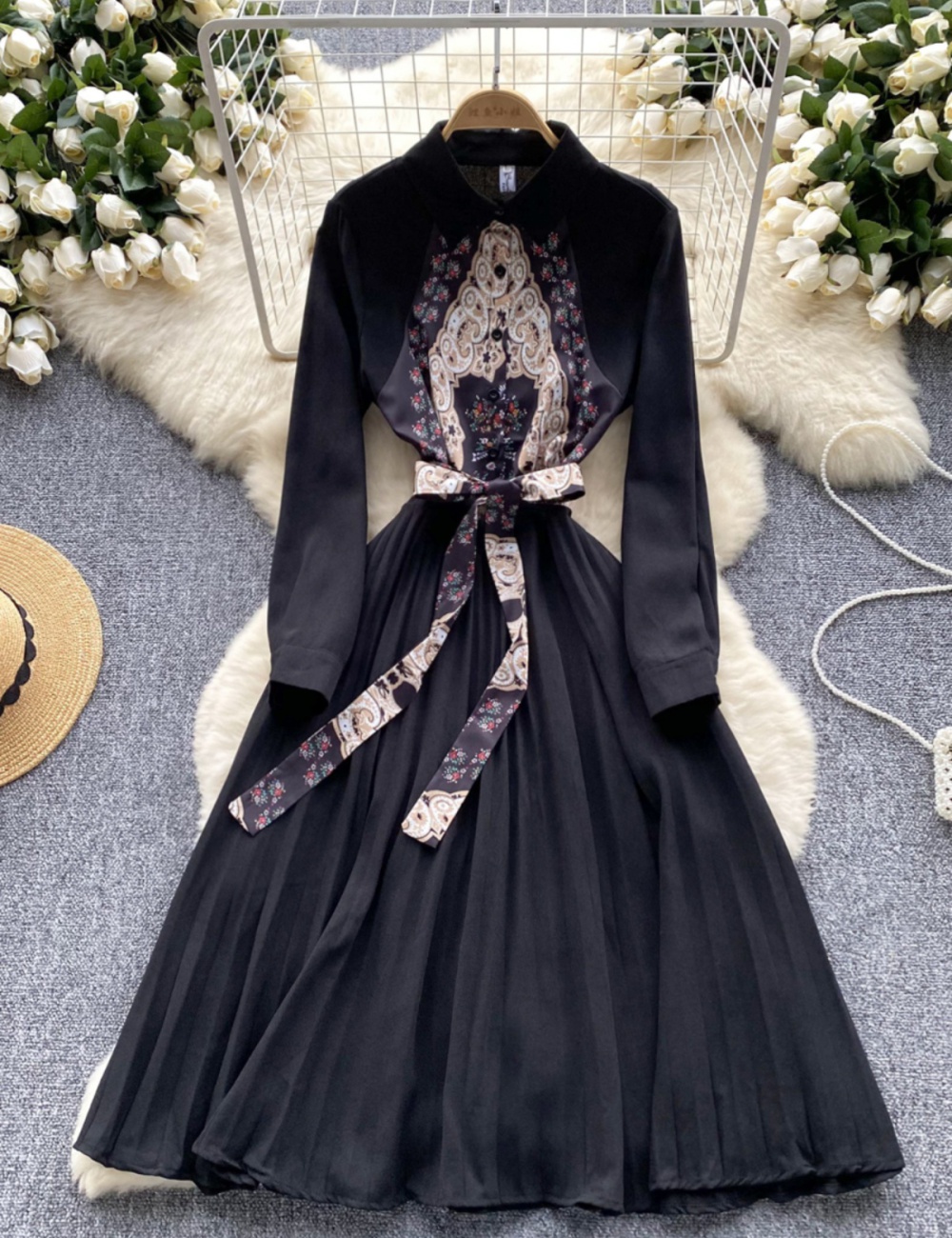 Ladies pinched waist long dress European style dress