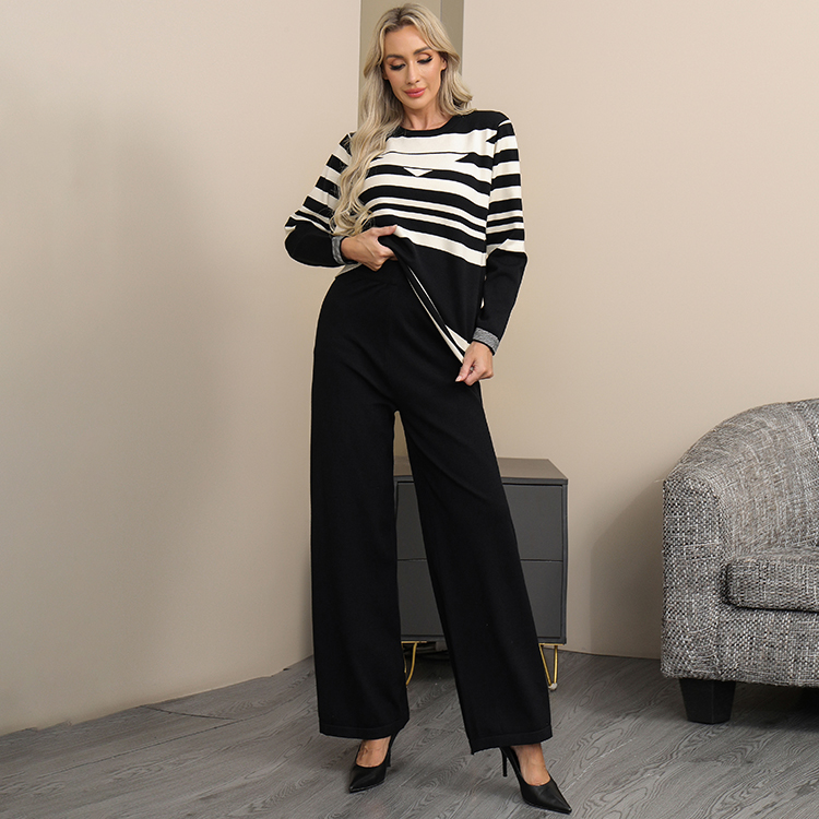 Round neck sweater stripe wide leg pants 2pcs set