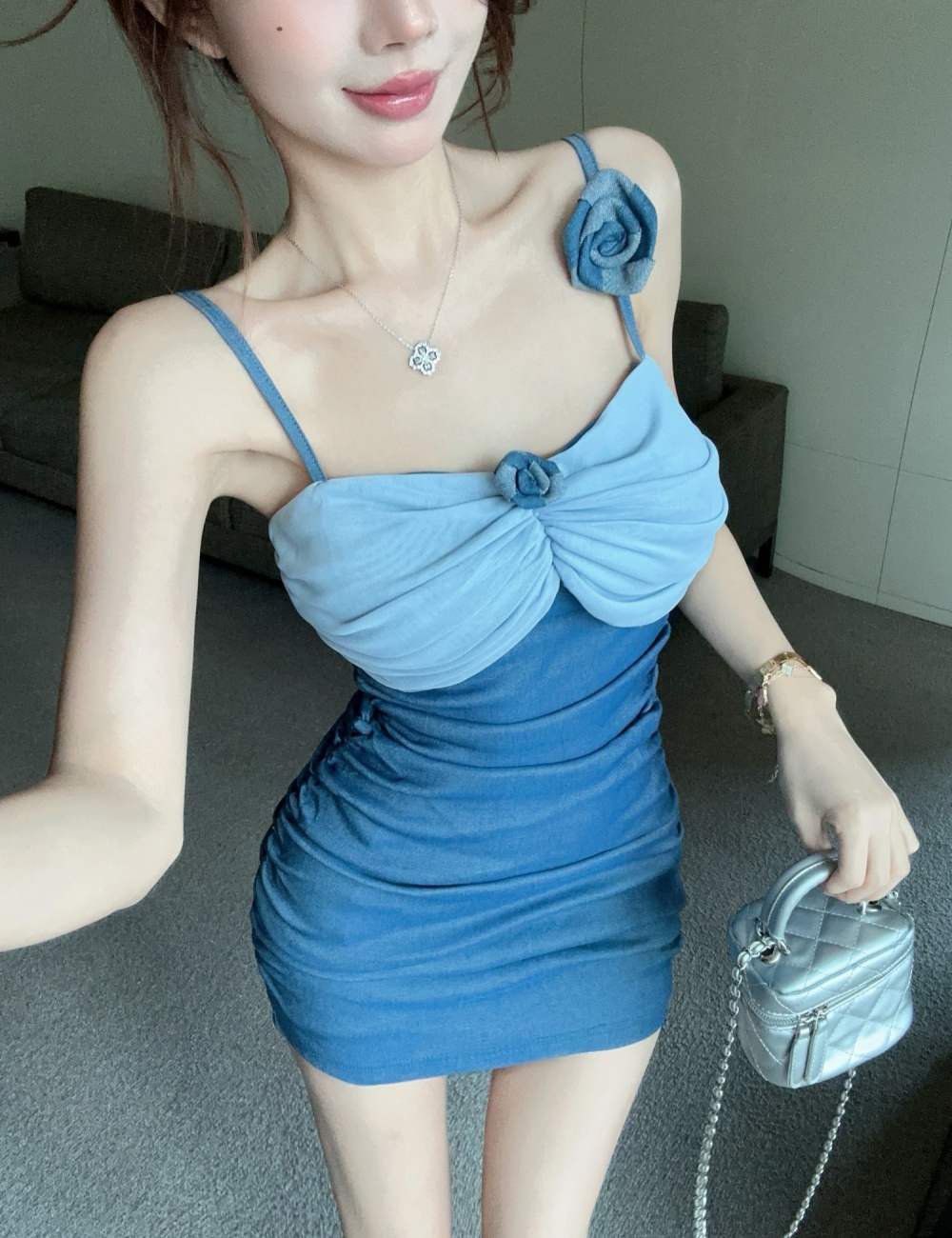 Denim fold stereoscopic elasticity dress for women