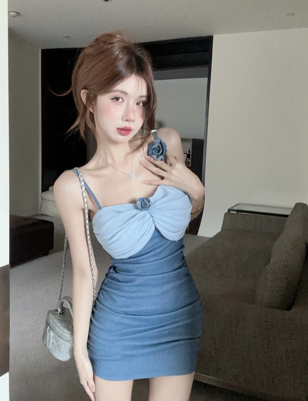 Denim fold stereoscopic elasticity dress for women