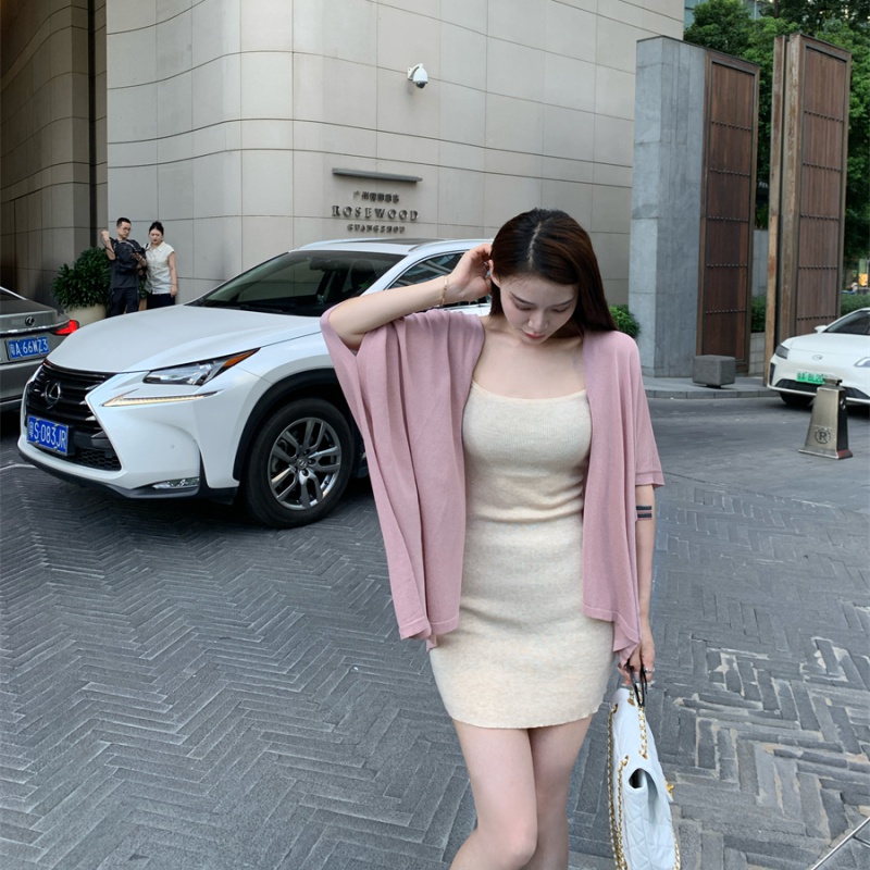 Sling apricot slim T-back knitted enticement dress