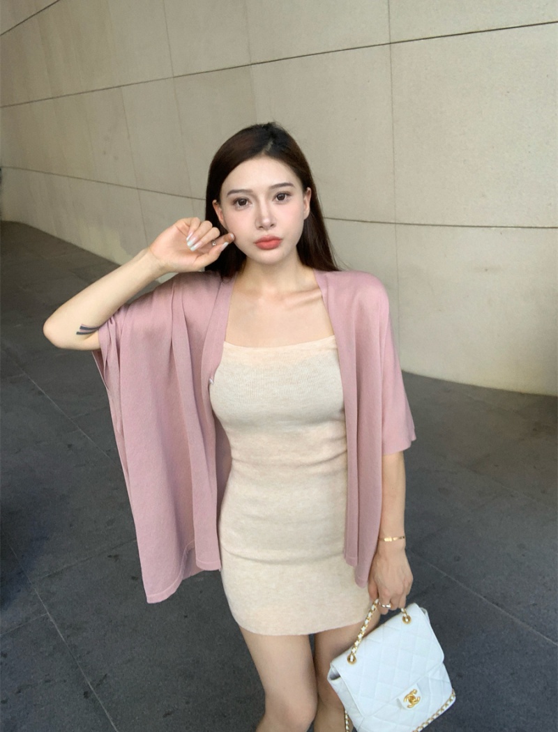 Sling apricot slim T-back knitted enticement dress