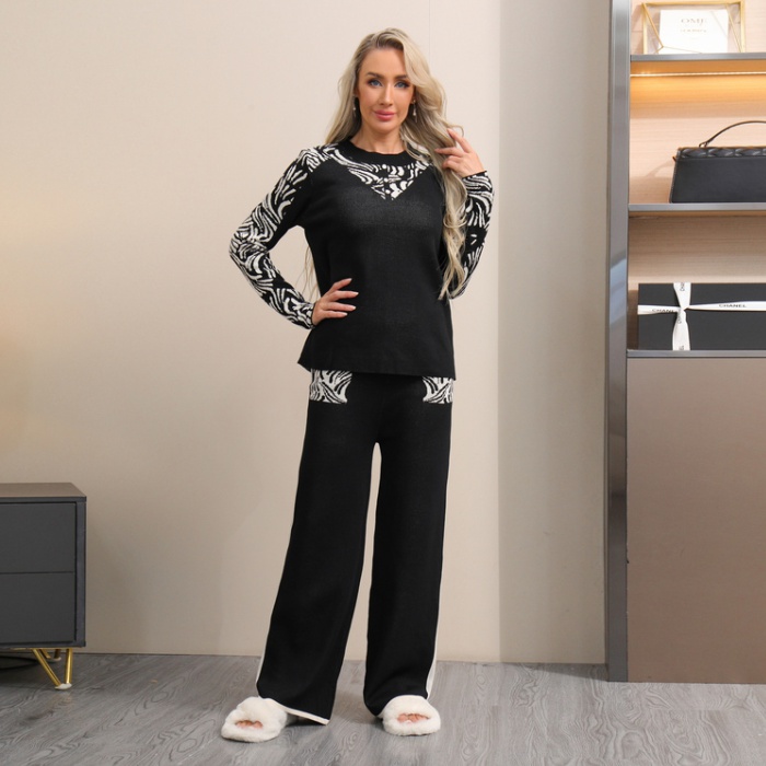 Long sleeve wide leg pants sweater 2pcs set for women