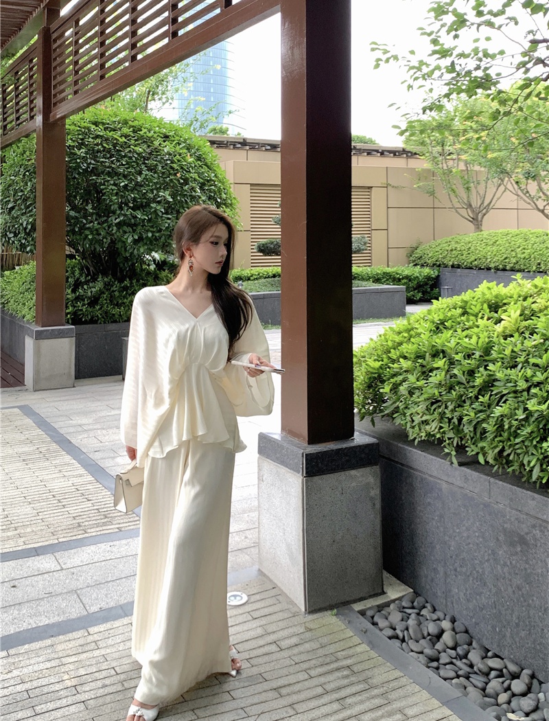 Temperament straight long pants wide leg tops 2pcs set