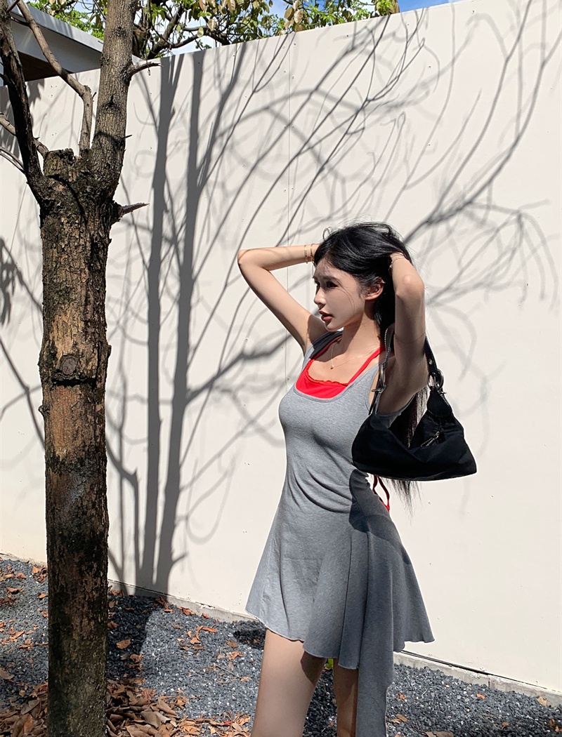 Knitted pinched waist irregular sling Pseudo-two dress