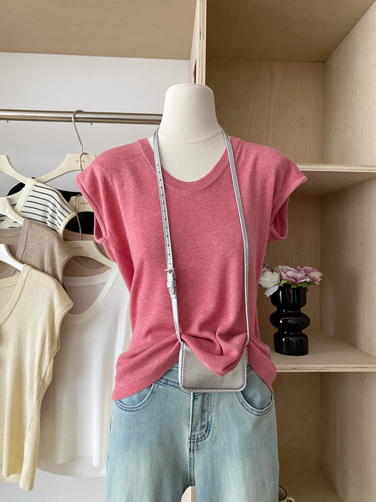 Multicolor slim knitted V-neck short sleeve all-match tops