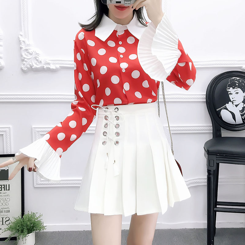 Autumn polka dot long sleeve trumpet sleeves chiffon shirt