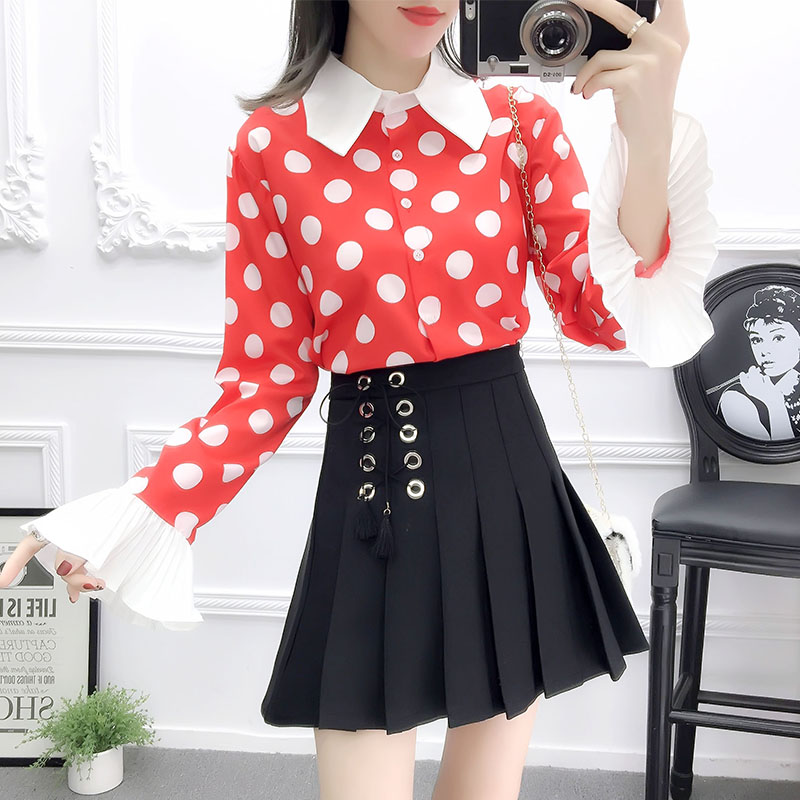 Autumn polka dot long sleeve trumpet sleeves chiffon shirt