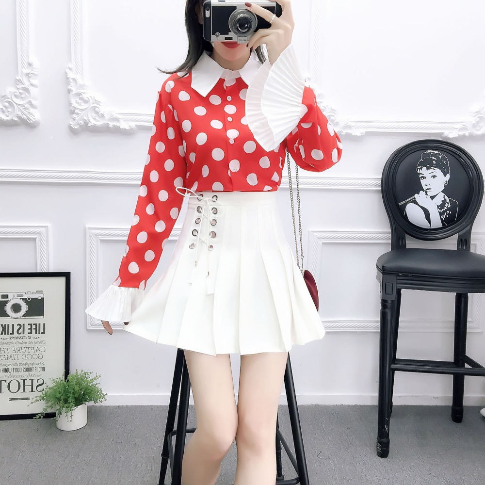 Autumn polka dot long sleeve trumpet sleeves chiffon shirt