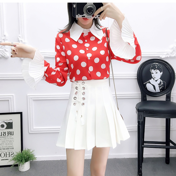 Autumn polka dot long sleeve trumpet sleeves chiffon shirt