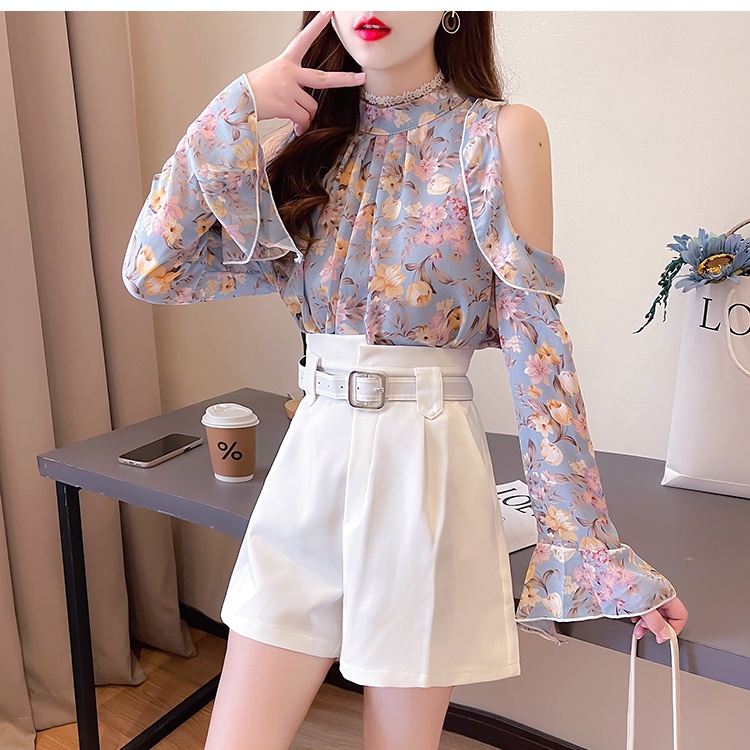 Show young sweet with wrapped chest floral chiffon shirt