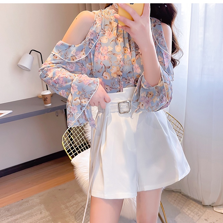 Show young sweet with wrapped chest floral chiffon shirt