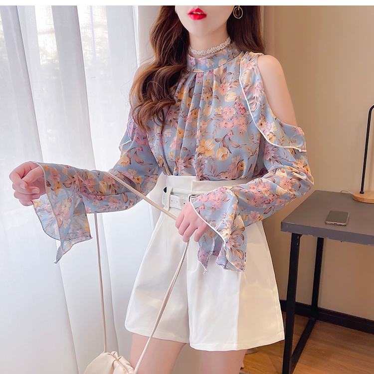 Show young sweet with wrapped chest floral chiffon shirt