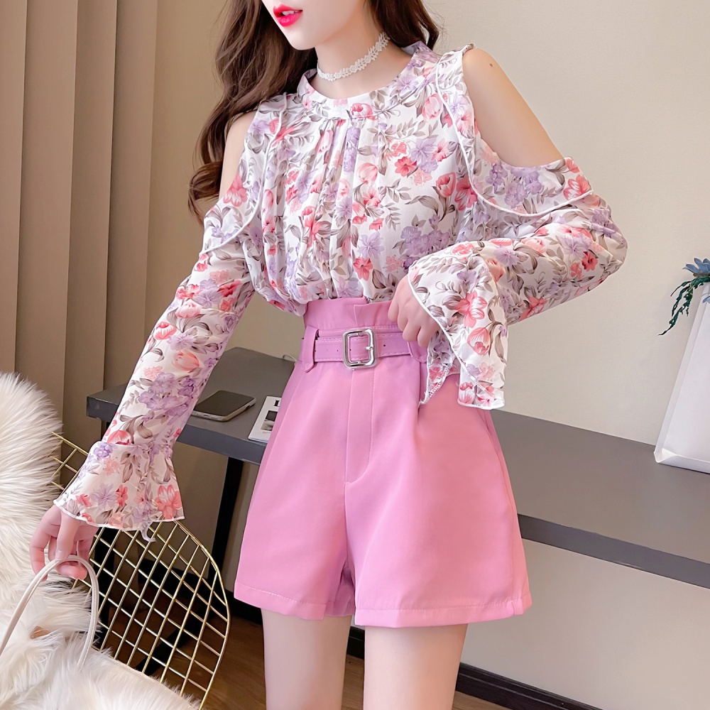 Show young sweet with wrapped chest floral chiffon shirt