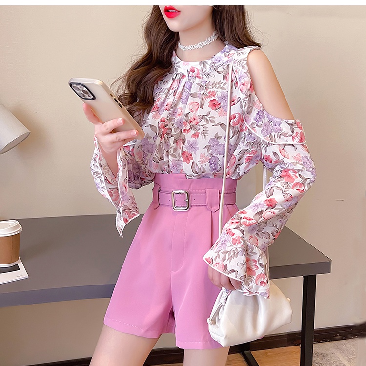 Show young sweet with wrapped chest floral chiffon shirt