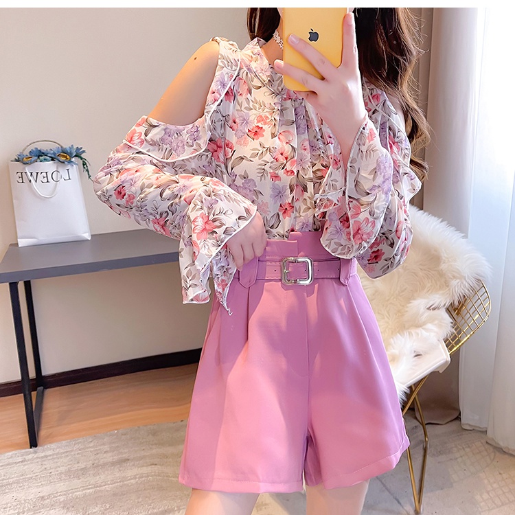 Show young sweet with wrapped chest floral chiffon shirt