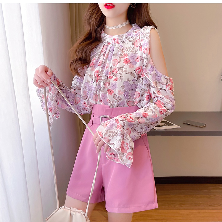 Show young sweet with wrapped chest floral chiffon shirt