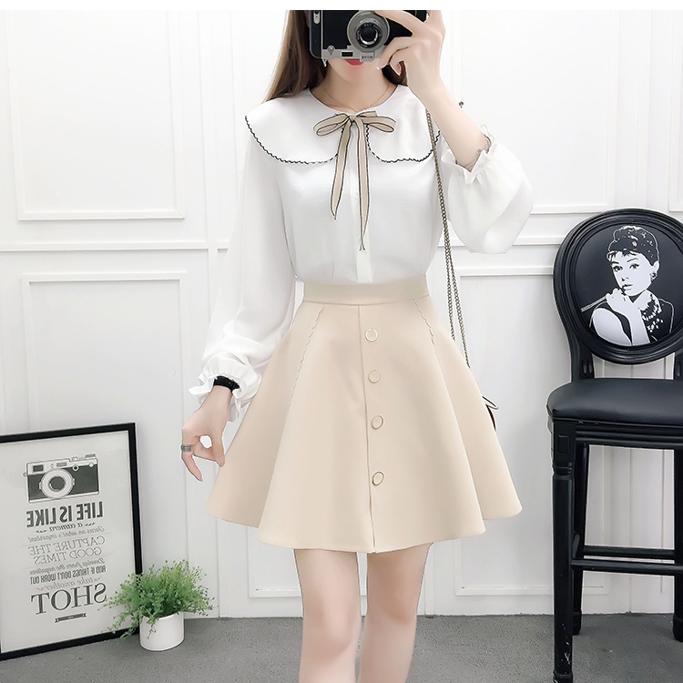 Sweet doll collar autumn bandage chiffon shirt