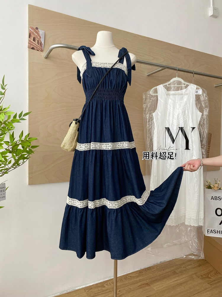 Summer bandage splice denim France style bow dress