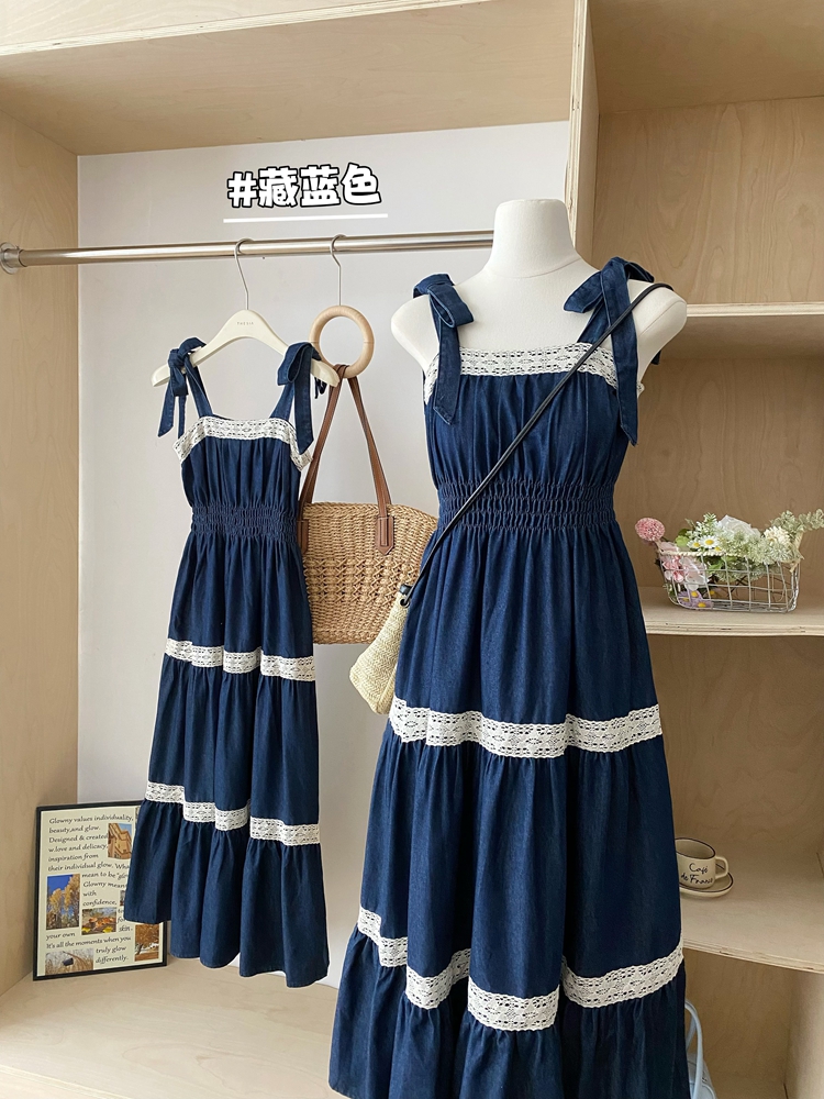 Summer bandage splice denim France style bow dress