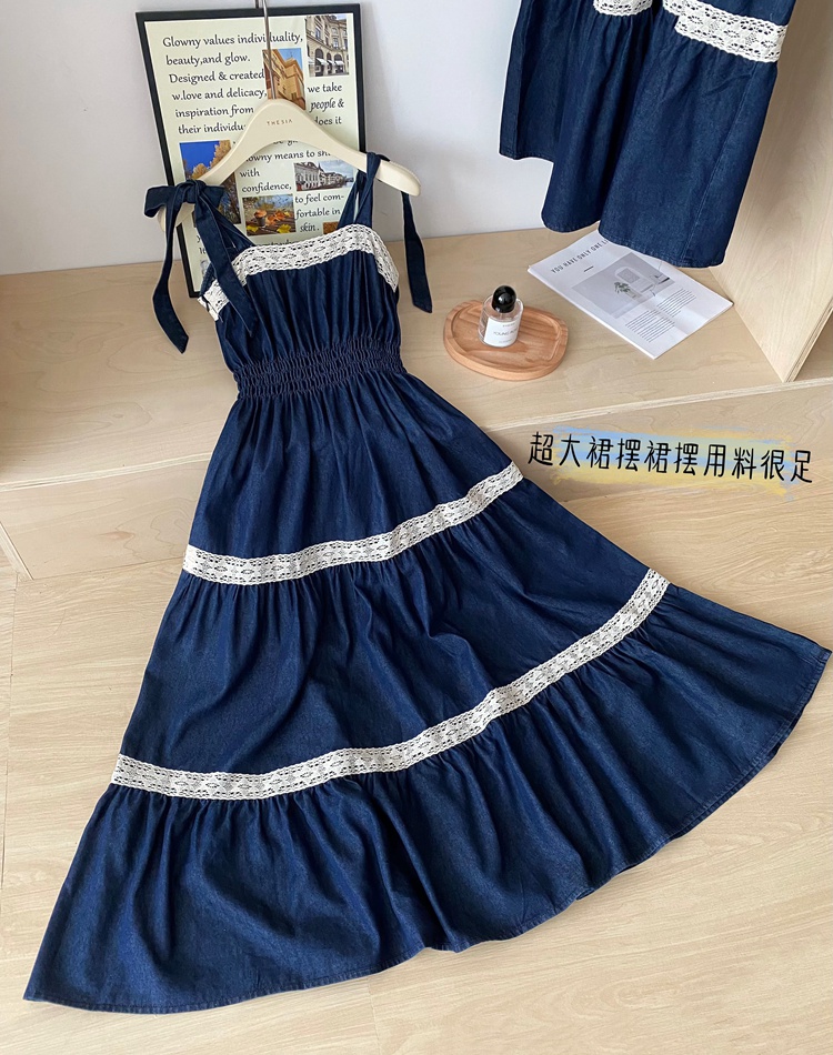 Summer bandage splice denim France style bow dress