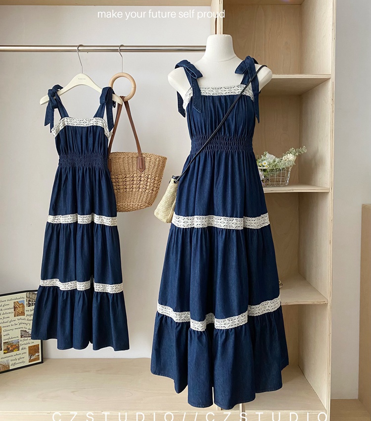 Summer bandage splice denim France style bow dress