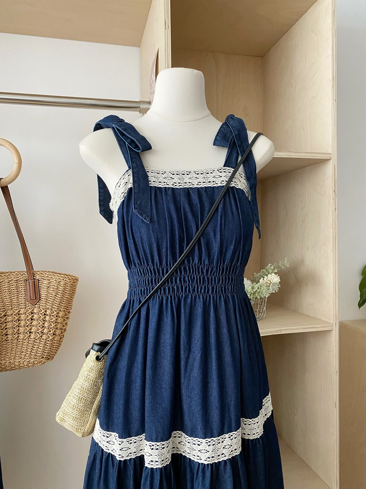 Summer bandage splice denim France style bow dress