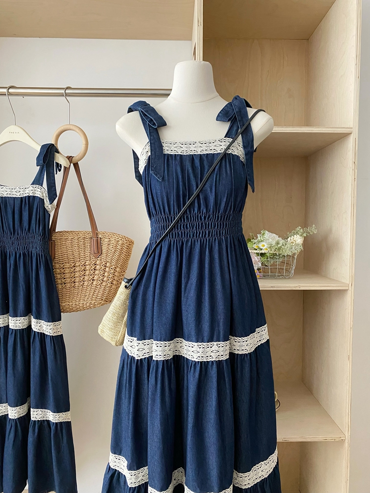 Summer bandage splice denim France style bow dress