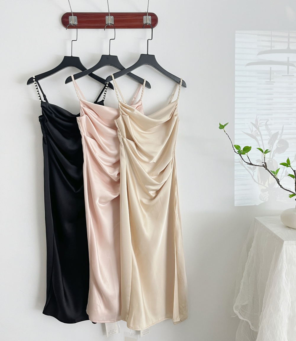 Satin shoulder strap formal dress silky dress