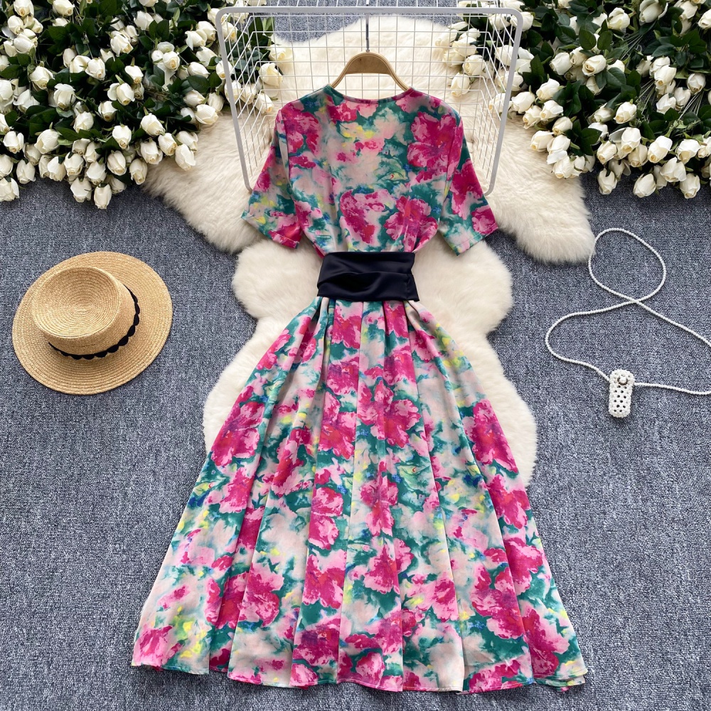 Chiffon V-neck commuting belt retro summer dress for women