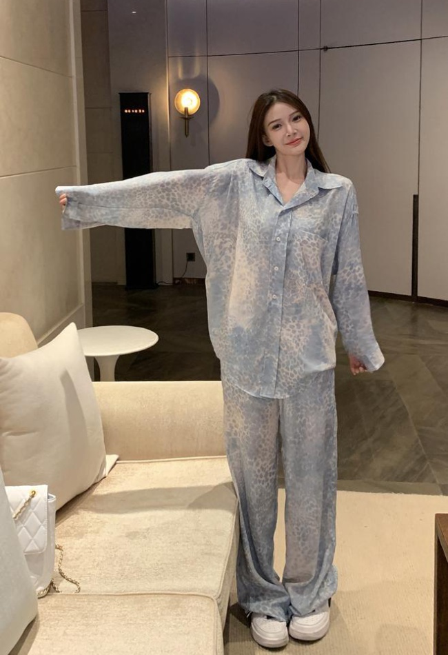 Waves pattern shirt blue wide leg pants 2pcs set