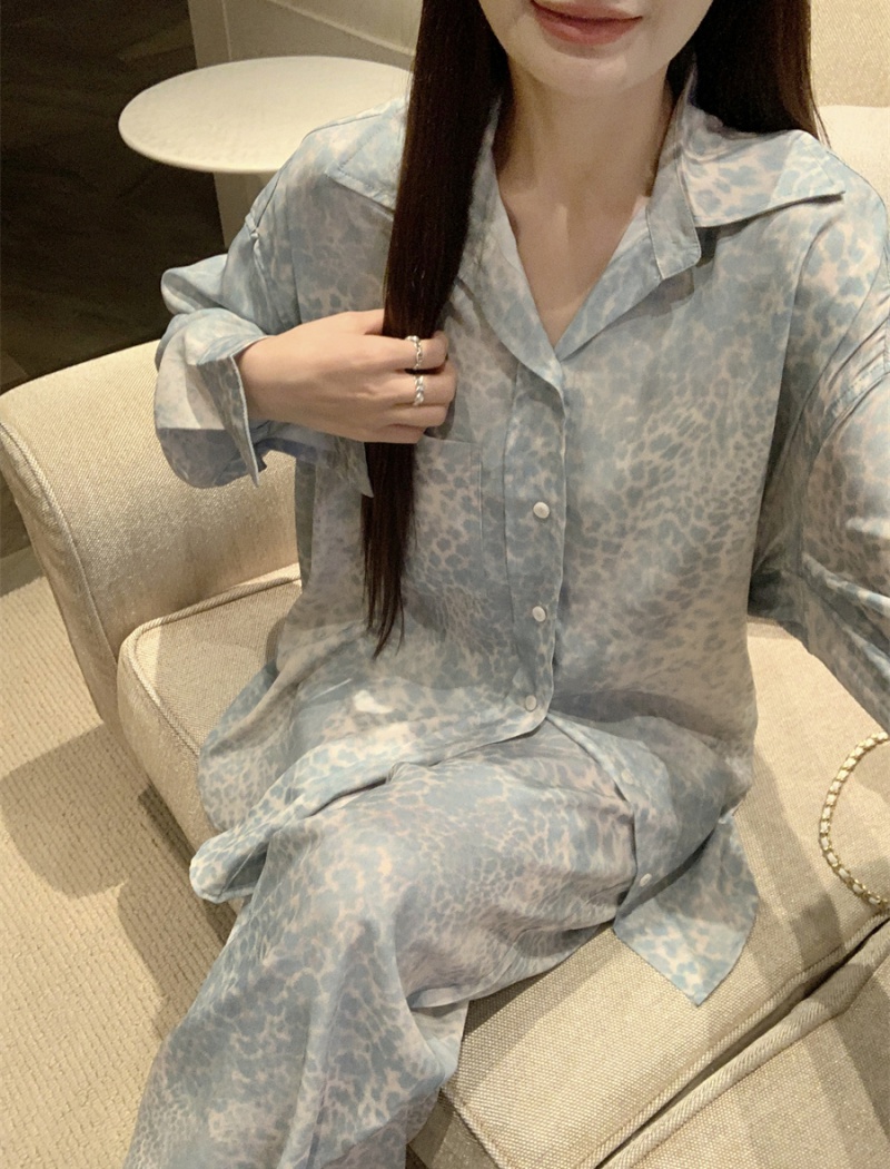 Waves pattern shirt blue wide leg pants 2pcs set