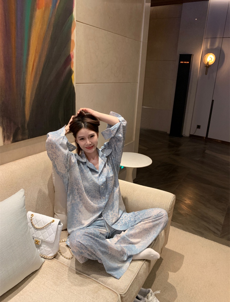 Waves pattern shirt blue wide leg pants 2pcs set