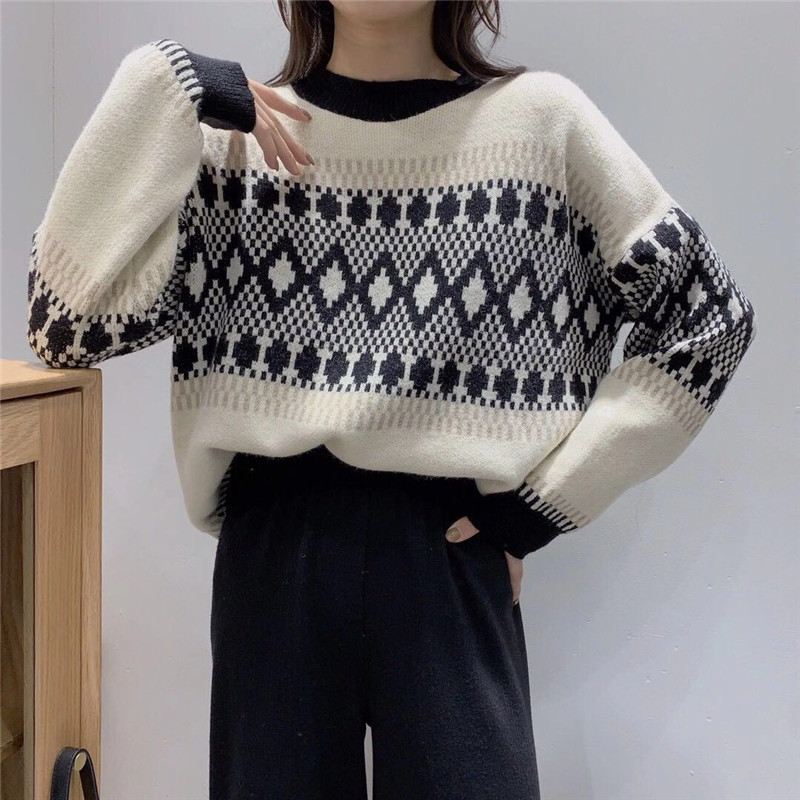 Mixed colors all-match loose pullover Korean style sweater