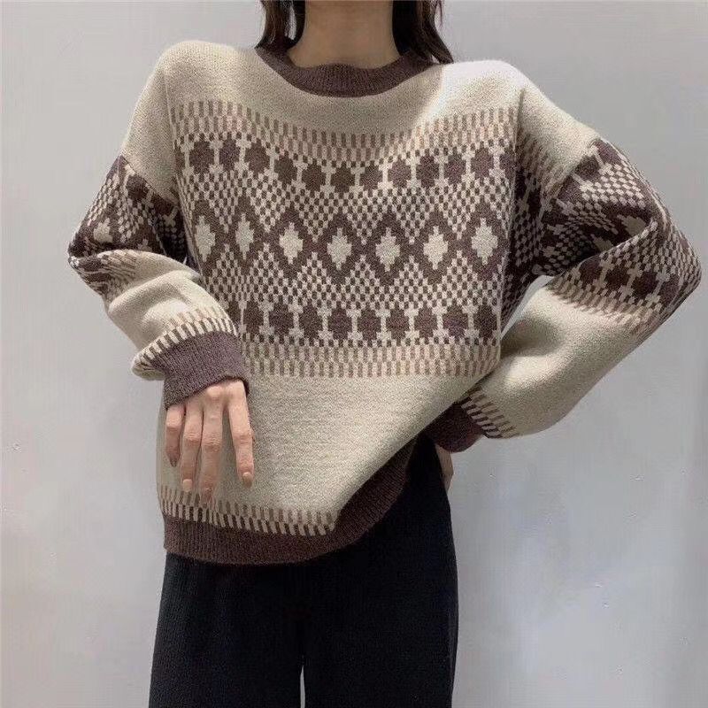 Mixed colors all-match loose pullover Korean style sweater