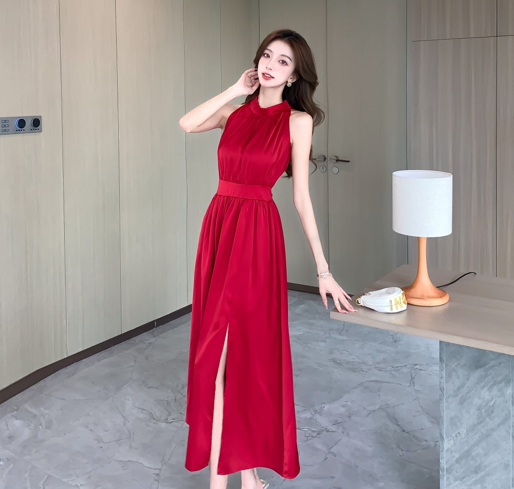 Big skirt slim pinched waist dress satin ladies formal dress